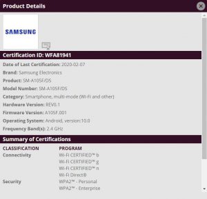 galaxy A10 WiFi certification