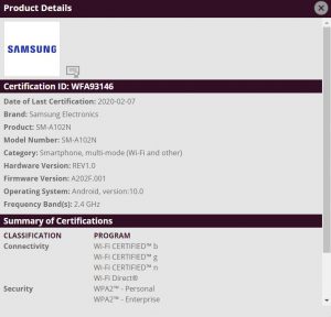 galaxy A10e WiFi certification